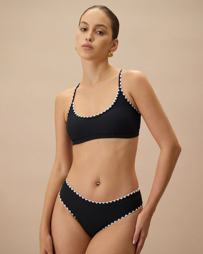 The Contrast Ribbed Bikini Bottom Black Bikinis - RIHOAS