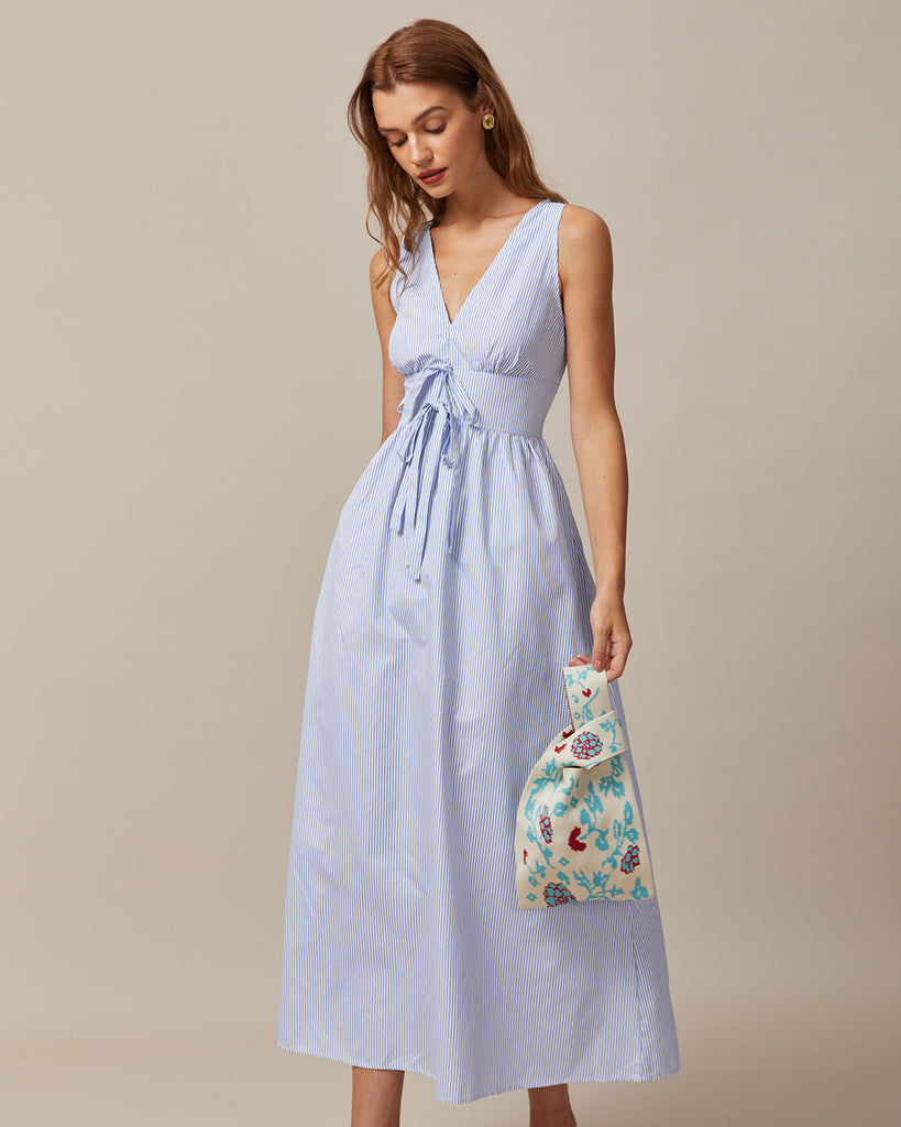 The Blue V-Neck Sleeveless Striped Maxi Dress Dresses - RIHOAS