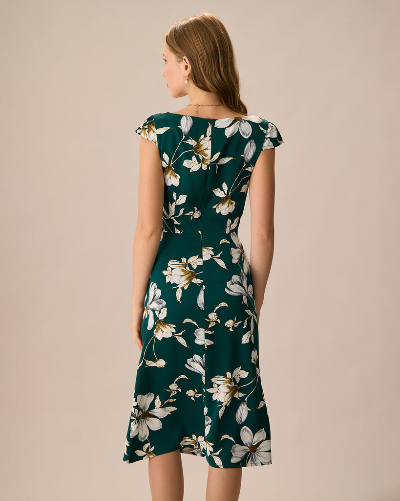 The Green Sweetheart Neck Cap Sleeve Floral Midi Dress