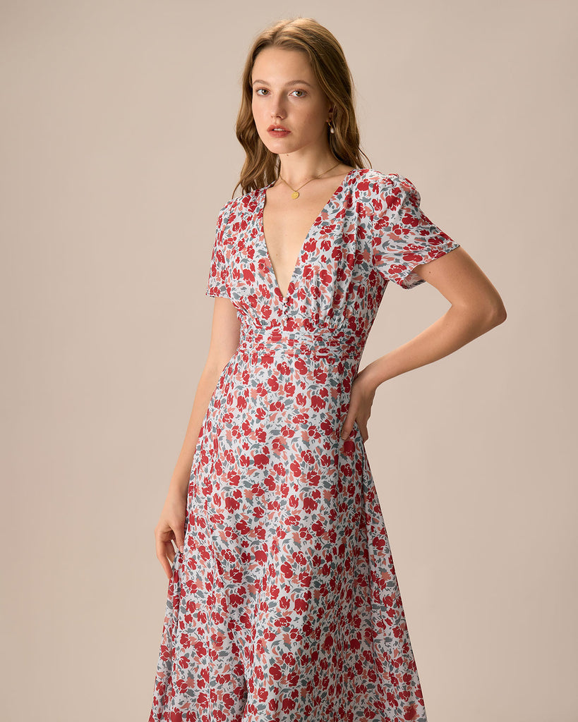 Women's Red V-Neck Ruched Floral Maxi Dress