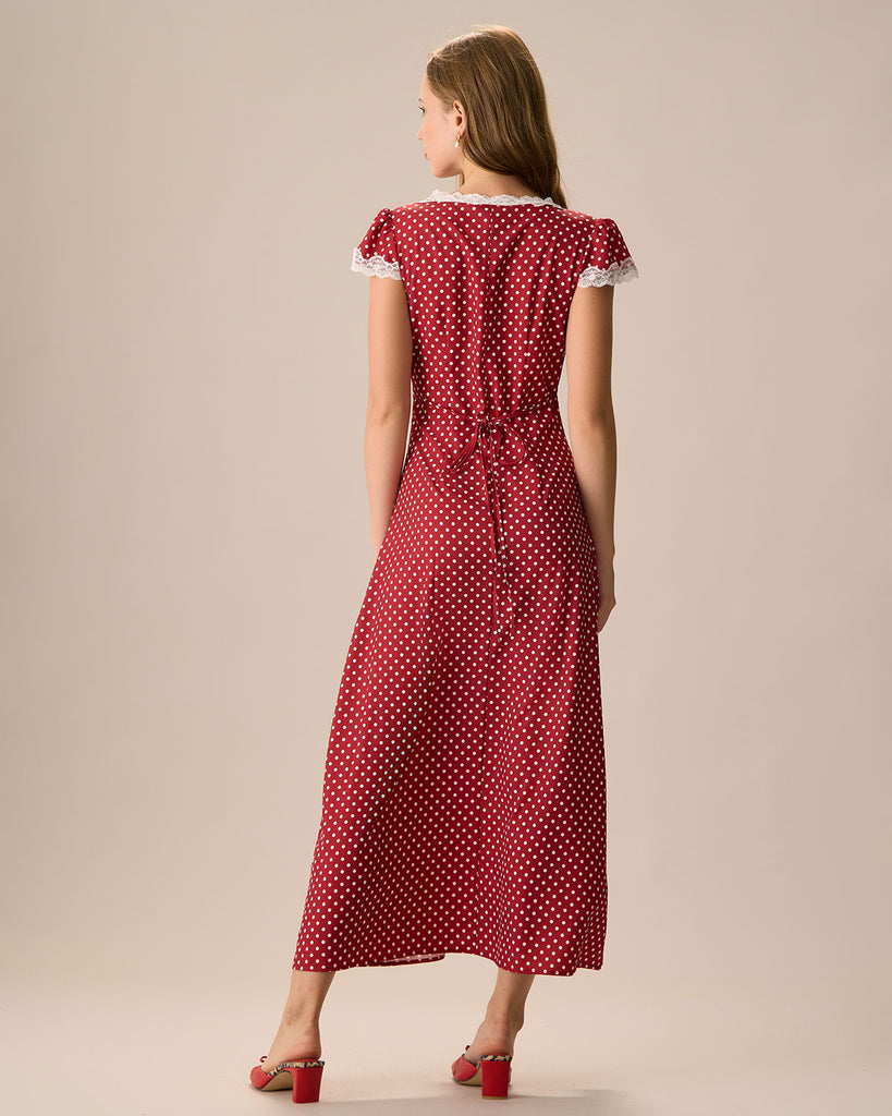 The Red V Neck Polka Dot Lace Ruched Maxi Dress