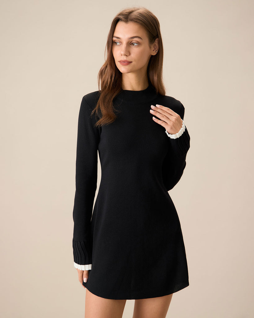 Women's Black Contrasting Long Sleeve Sweater Mini Dress