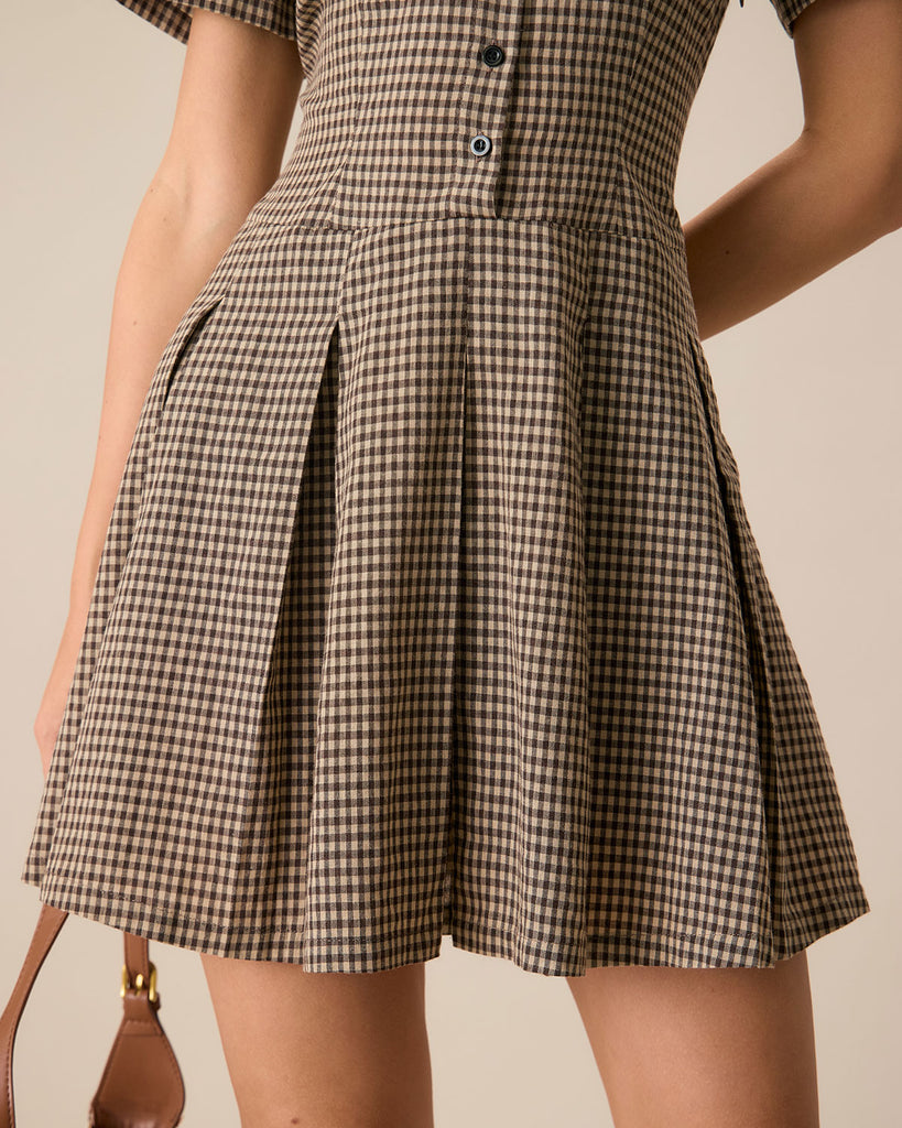 Women's Brown Plaid Lapel Pleated Mini Dress