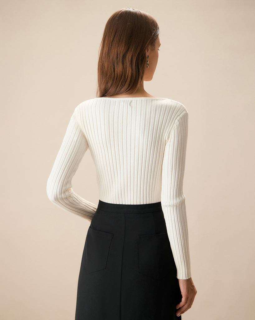 The White V Neck Teardrop Ribbed Knit Top