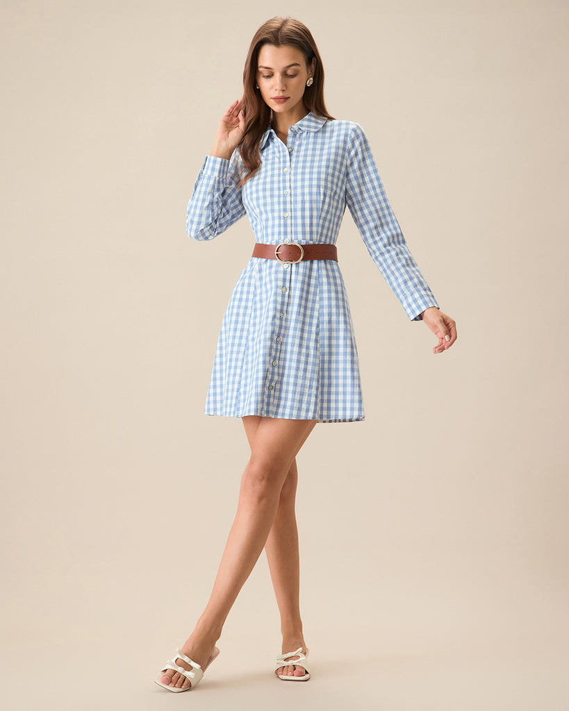 Women's Blue Plaid Long Sleeve Mini Dress