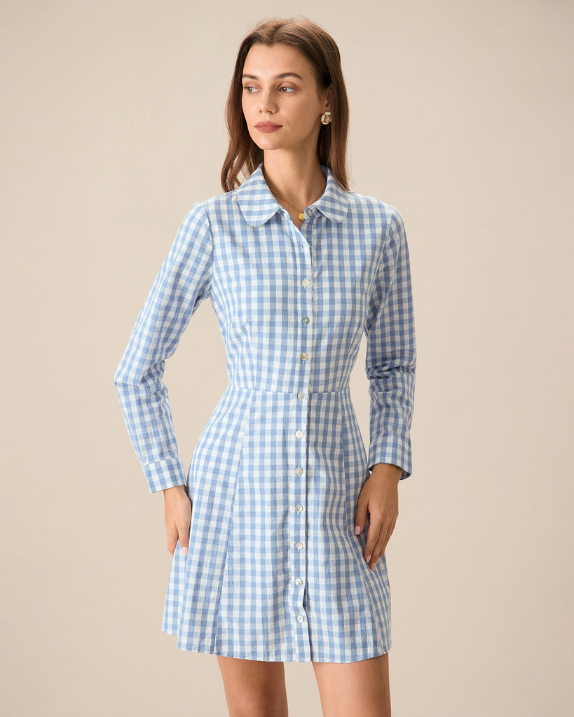 Women's Blue Plaid Long Sleeve Mini Dress