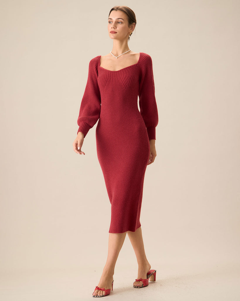 Women's Red Ribbed Knit Bodycon Sweater Dress