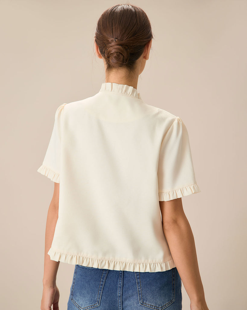 Women's Beige V-Neck Ruffle Blouse