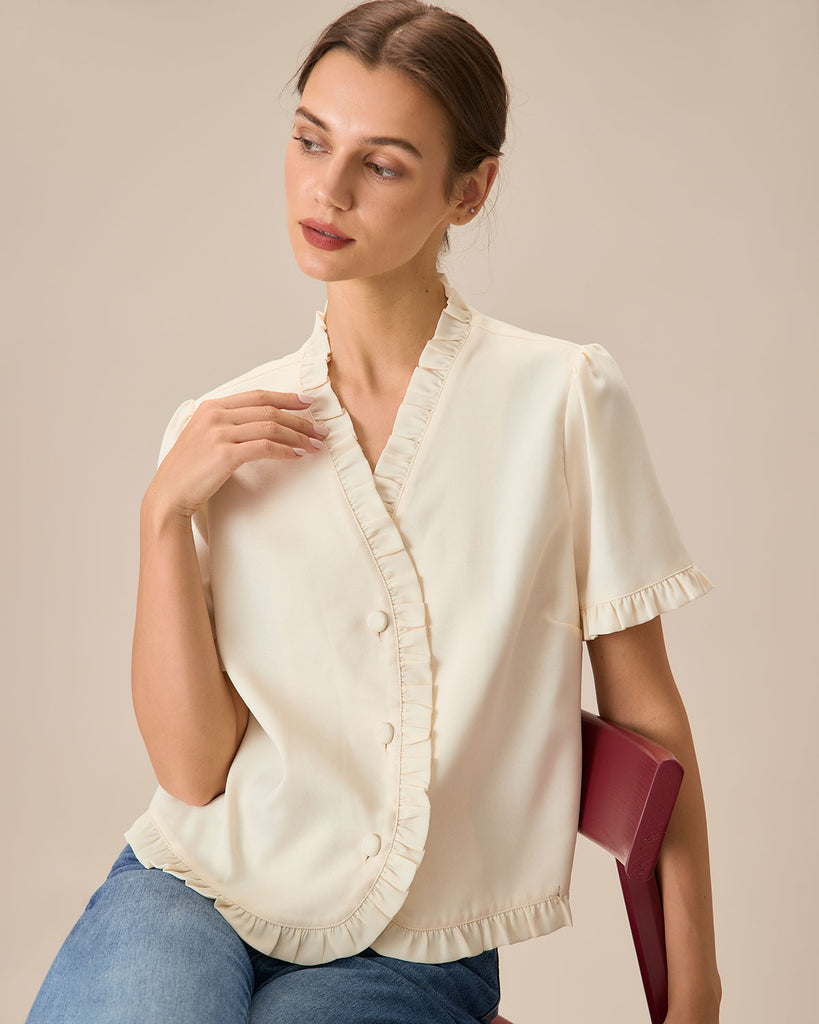 Women's Beige V-Neck Ruffle Blouse