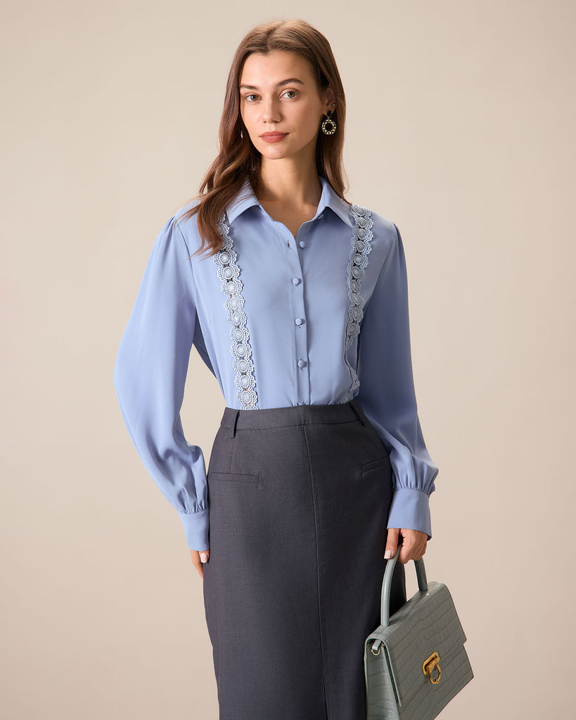 Women's Blue Lace Trim Shirt