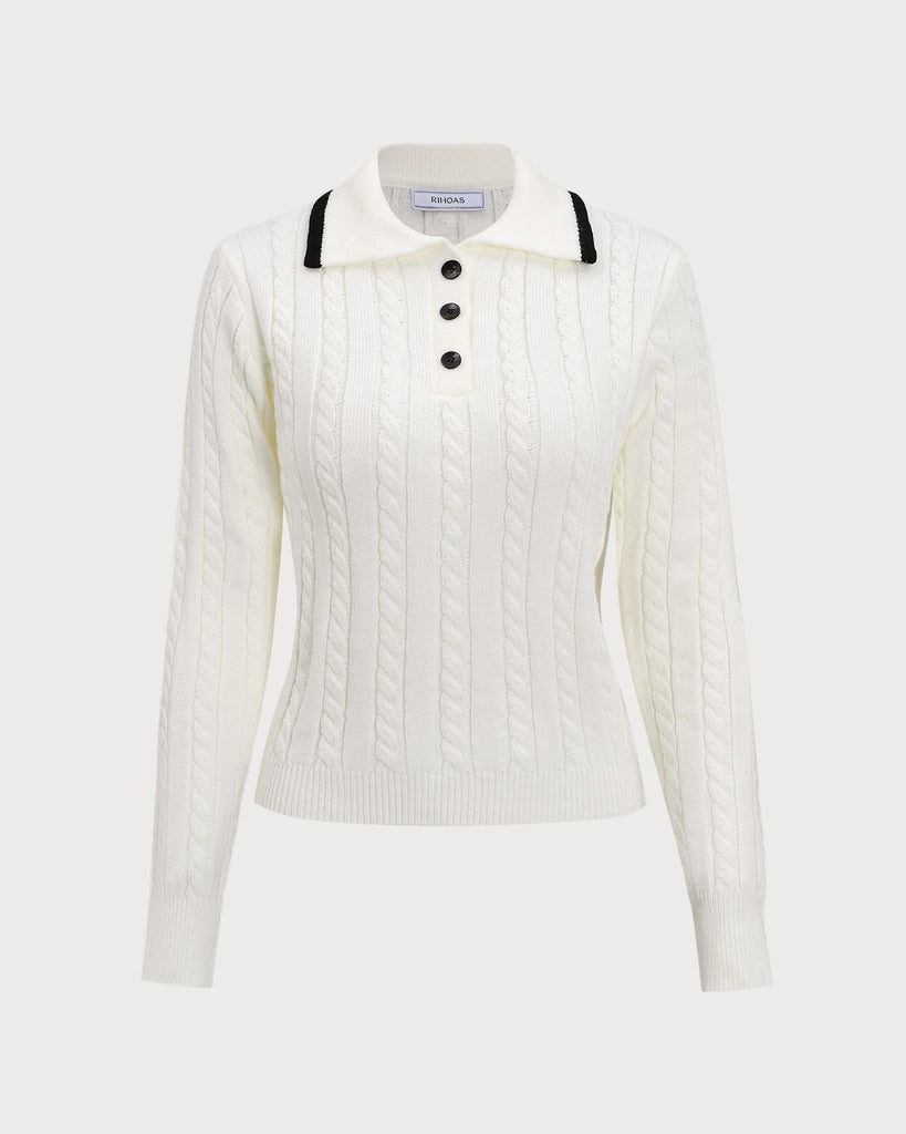 White Contrasting Button Sweater