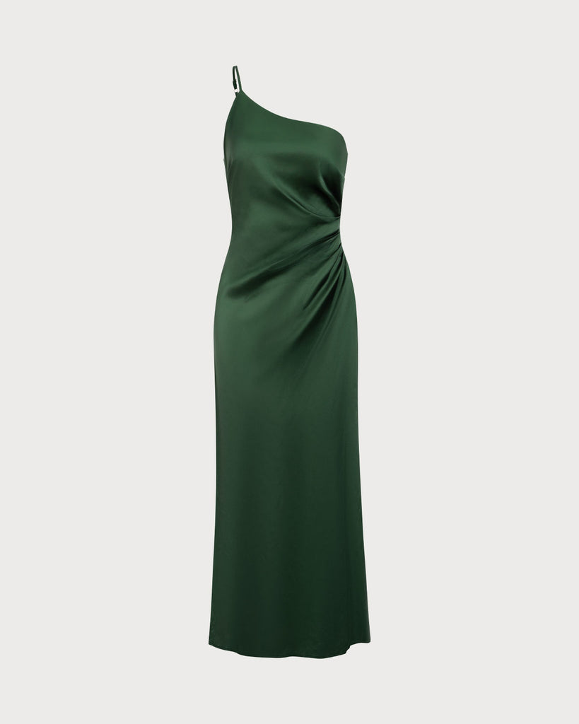 Women's Green One-shoulder Satin Maxi Dress