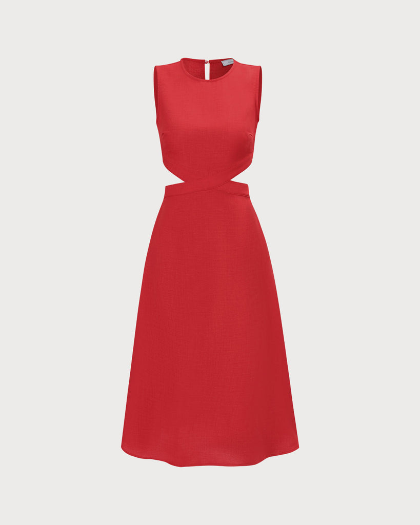 The Red Round Neck Cut Out Midi Dress Red Dresses - RIHOAS