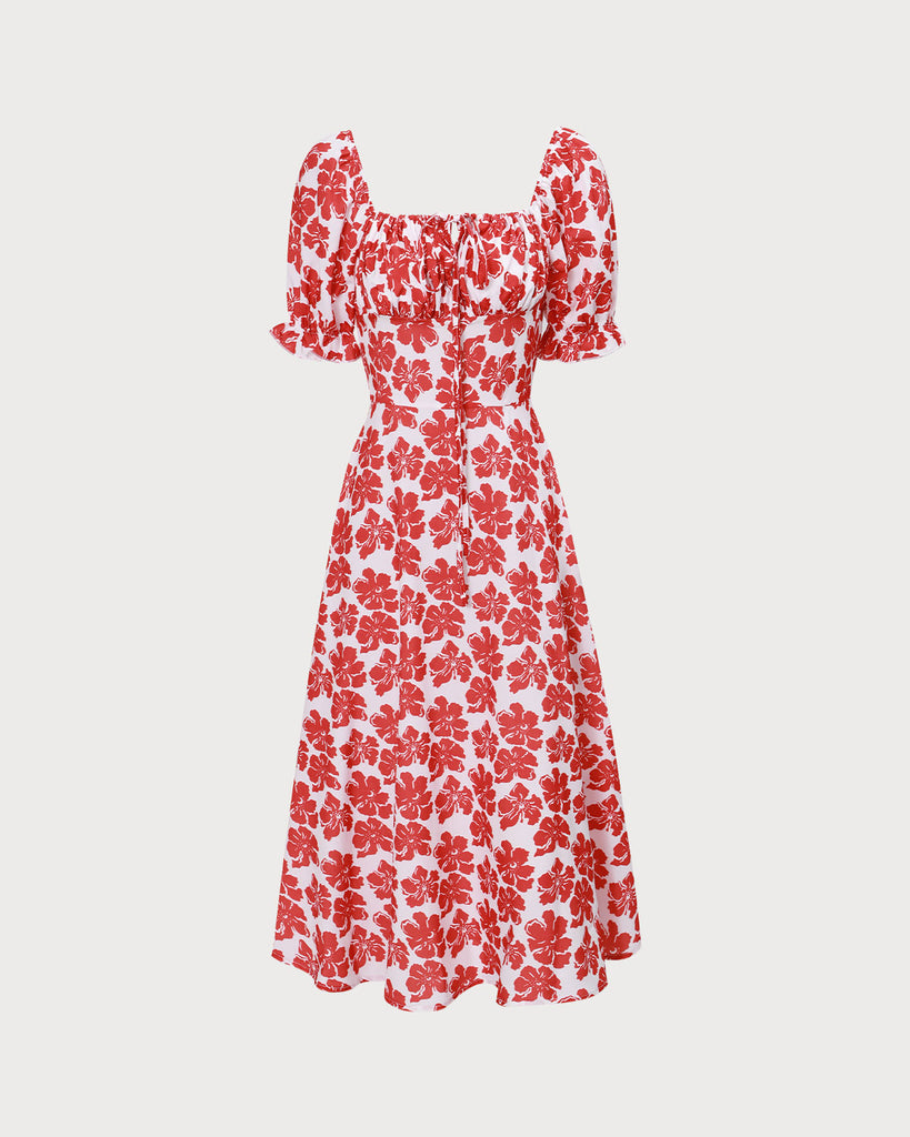 The Red Square Neck Floral Ruched Midi Dress Dresses - RIHOAS