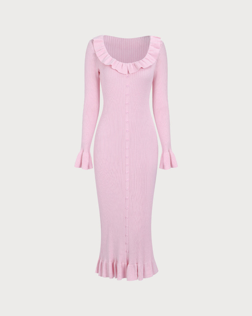 Women's Pink U-Neck Ruffle Bodycon Sweater Dress