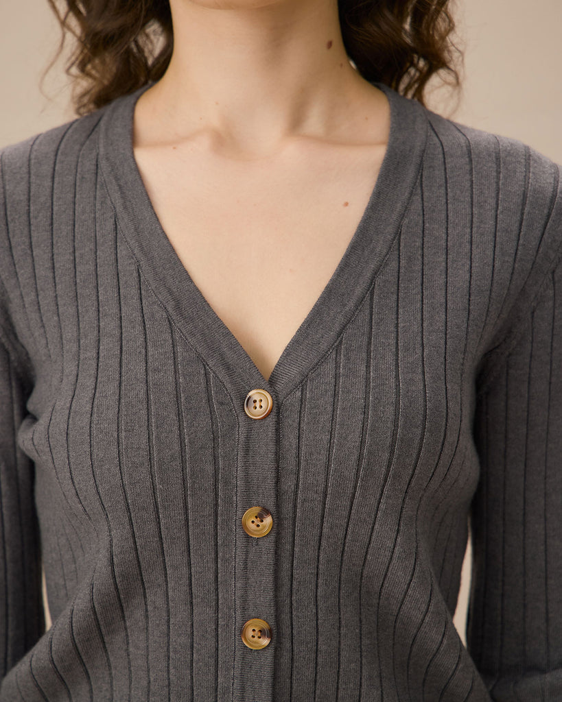 Grey V-Neck Single-breasted Cardigan