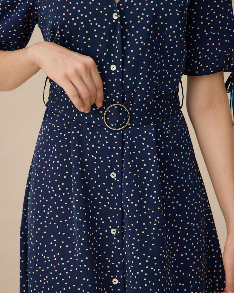 Navy Polka Dot Belted Midi Dress