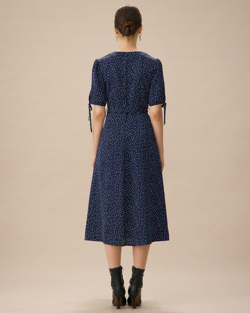 Navy Polka Dot Belted Midi Dress