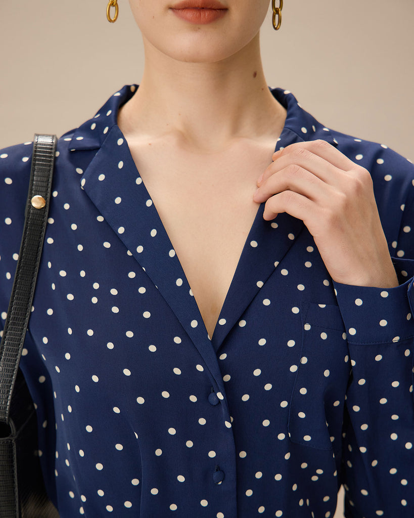 Navy V Neck Polka Dot Pocket Blouse