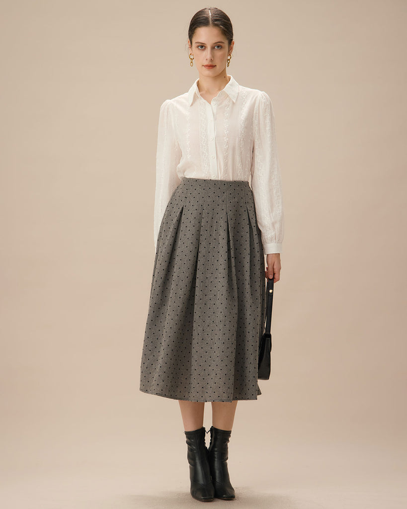 Grey Polka Dot Pleated Midi Skirt