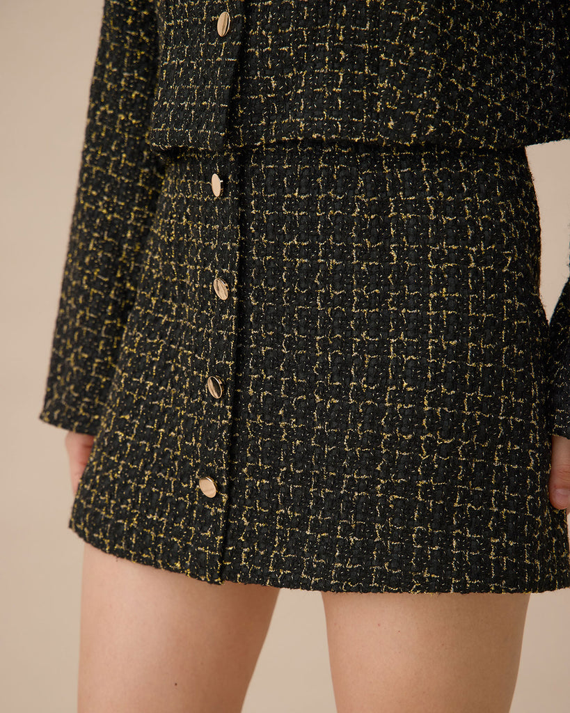 Black High-waisted Button Tweed Skirt