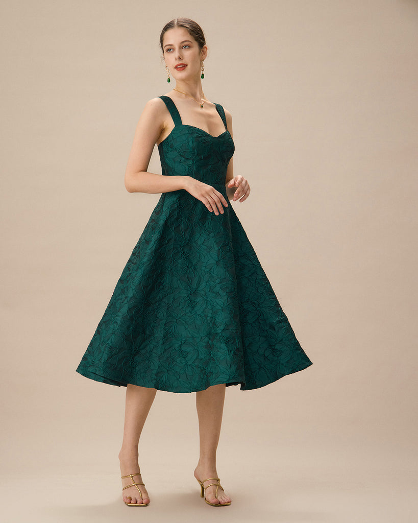 Green Sweetheart Neck Jacquard Midi Dress