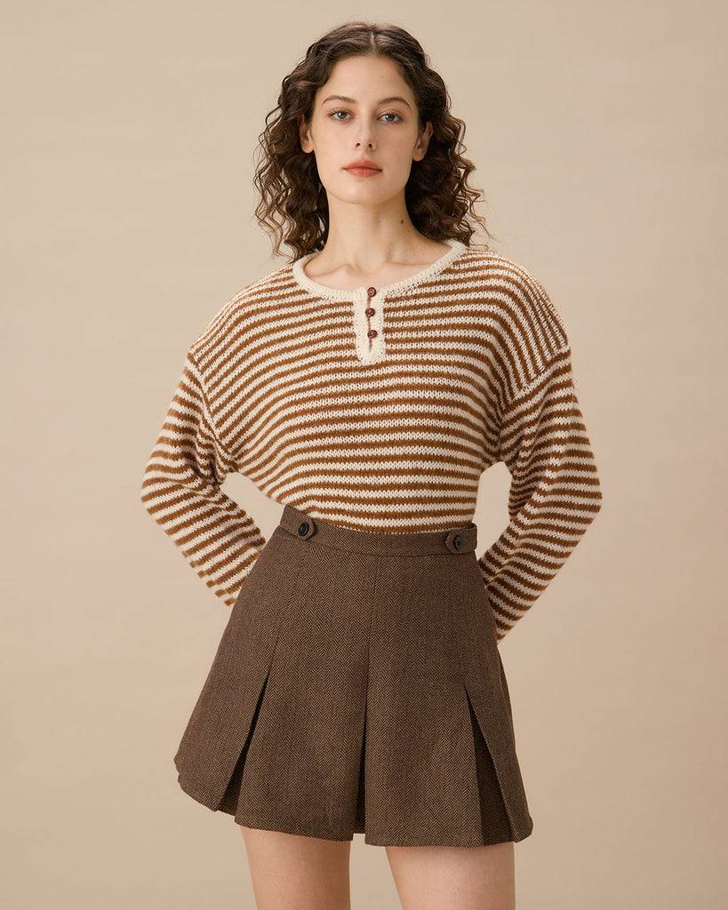 Brown Striped Pleated Mini Skirt