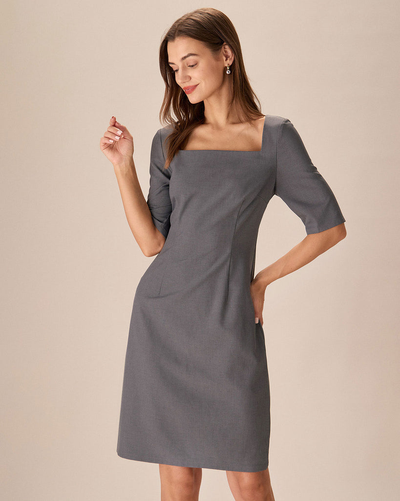 Grey Square Neck Slit Midi Dress