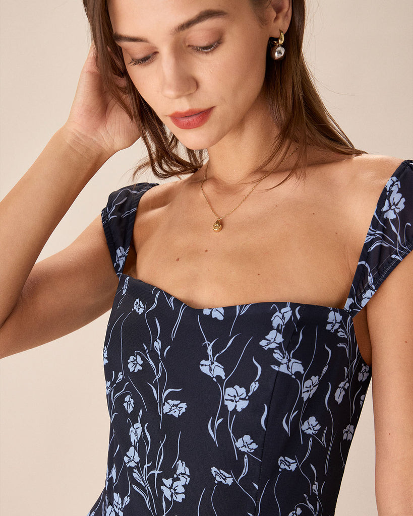 Navy Floral Sweetheart Neck Midi Dress