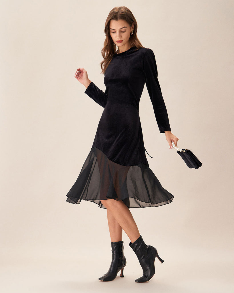 Black Contrasting Velvet Midi Dress