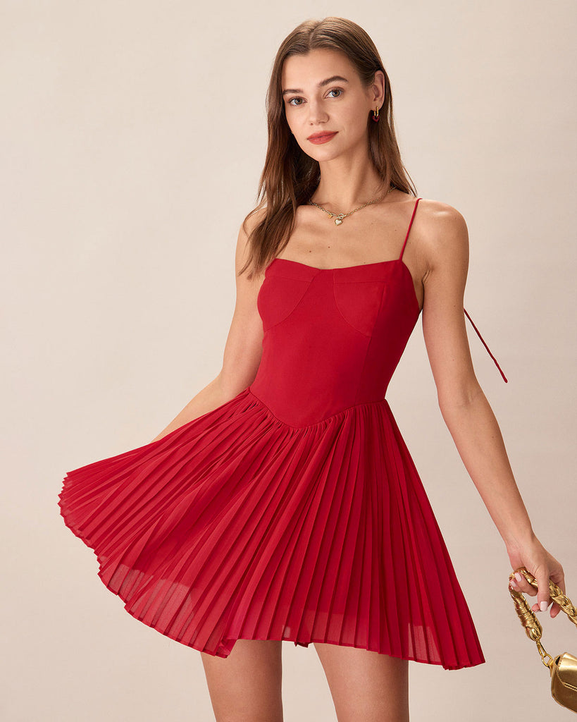 Red Chiffon Pleated Slip Mini Dress