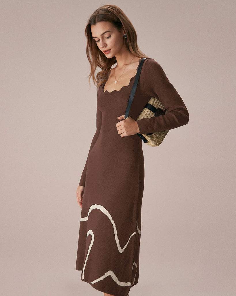 Coffee Wave Scalloped Sweater Midi Dress