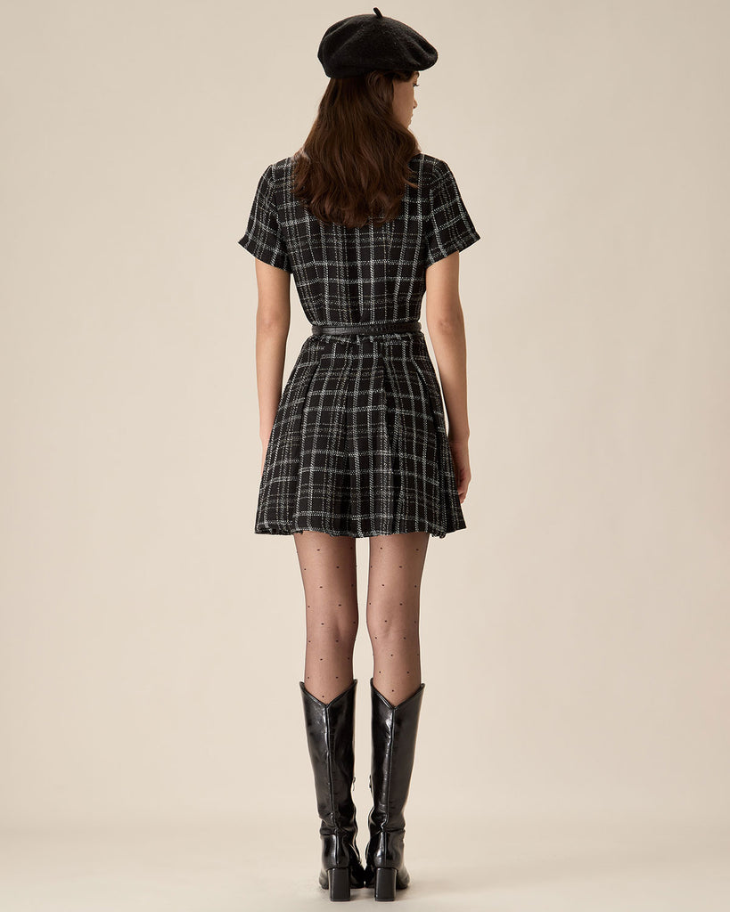 Black Plaid Tweed Mini Dress