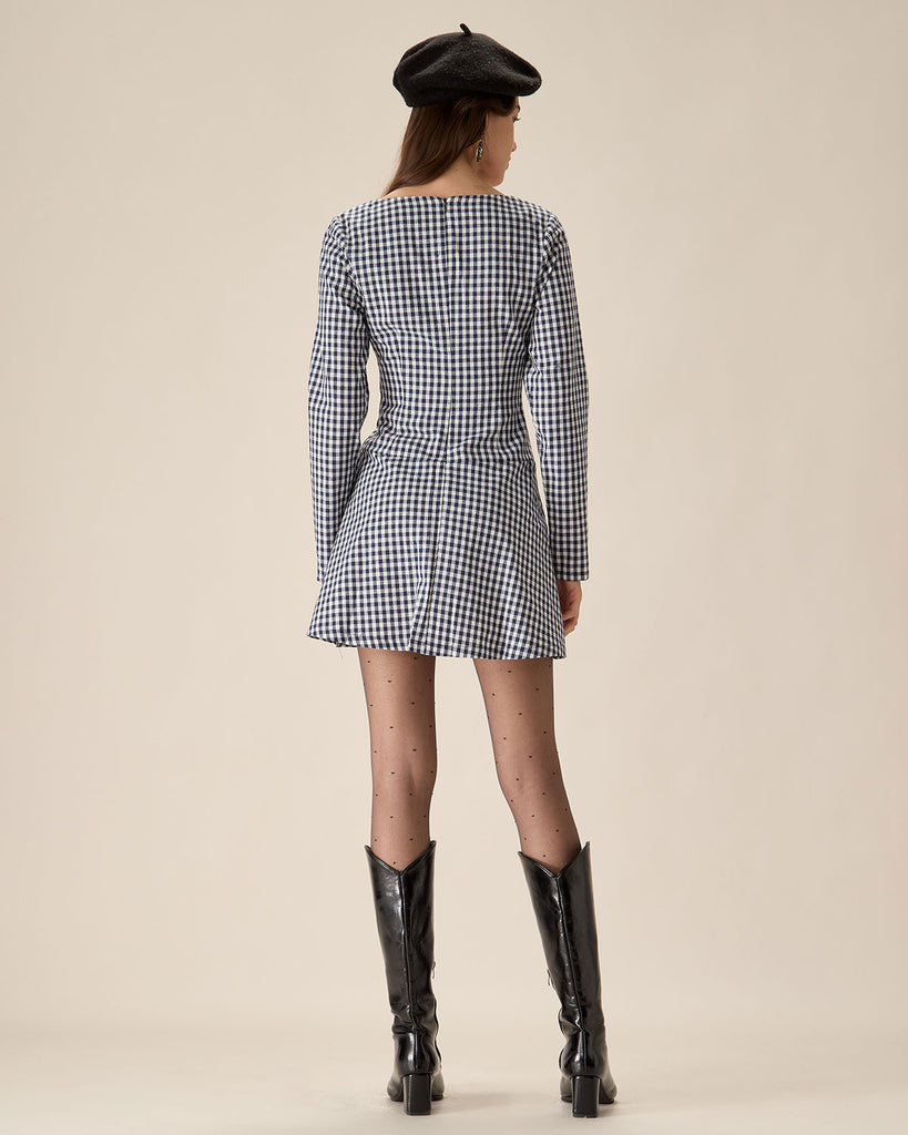 Navy Square Neck Plaid Mini Dress