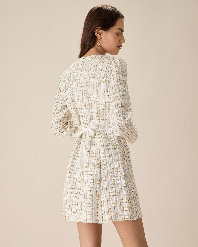 White Square Neck Tweed Mini Dress