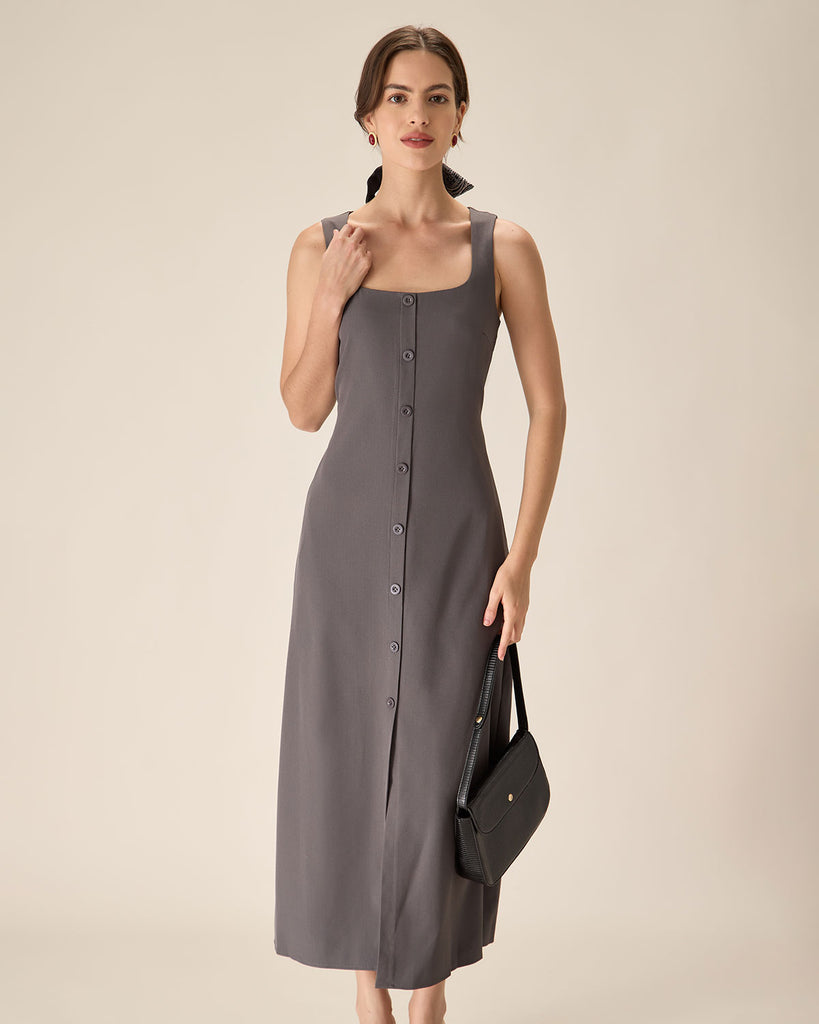 Grey U Neck Tie Back Sleeveless Maxi Dress