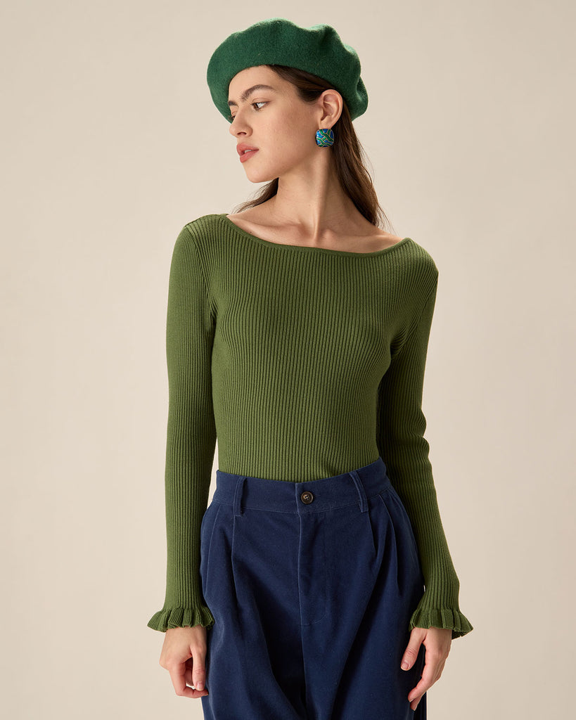 Green Boat Neck Ruffle Slim Tee