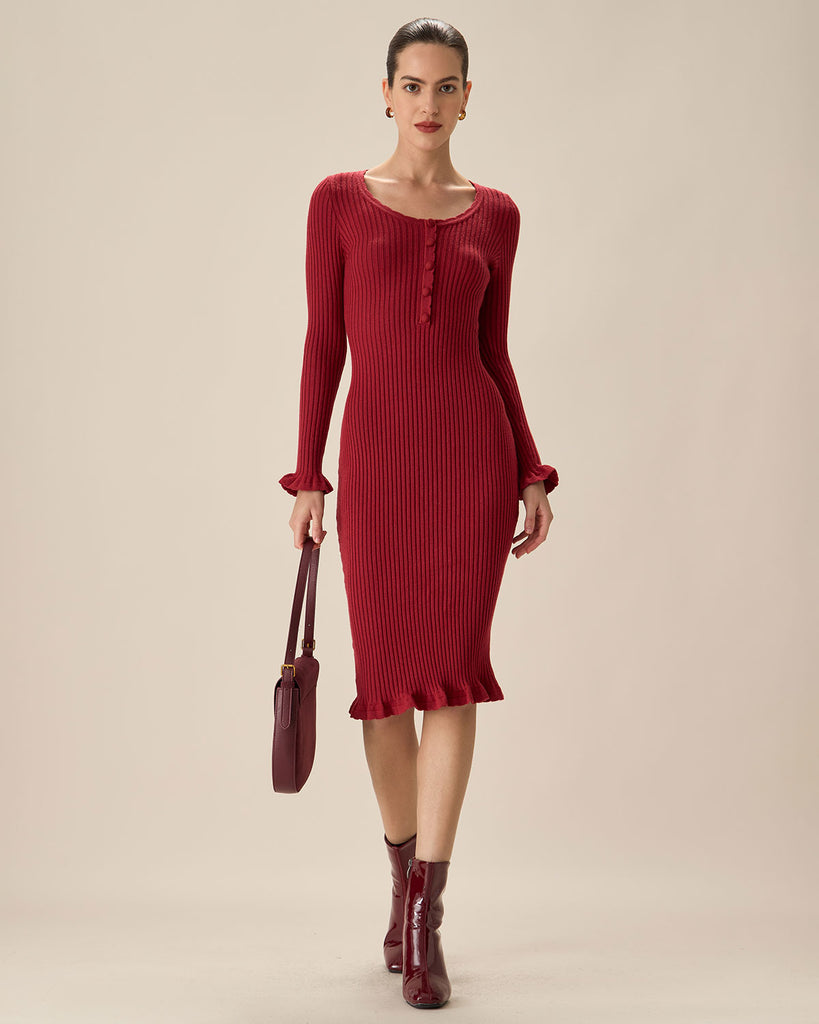 Red Bodycon Bell Sleeve Sweater Dress