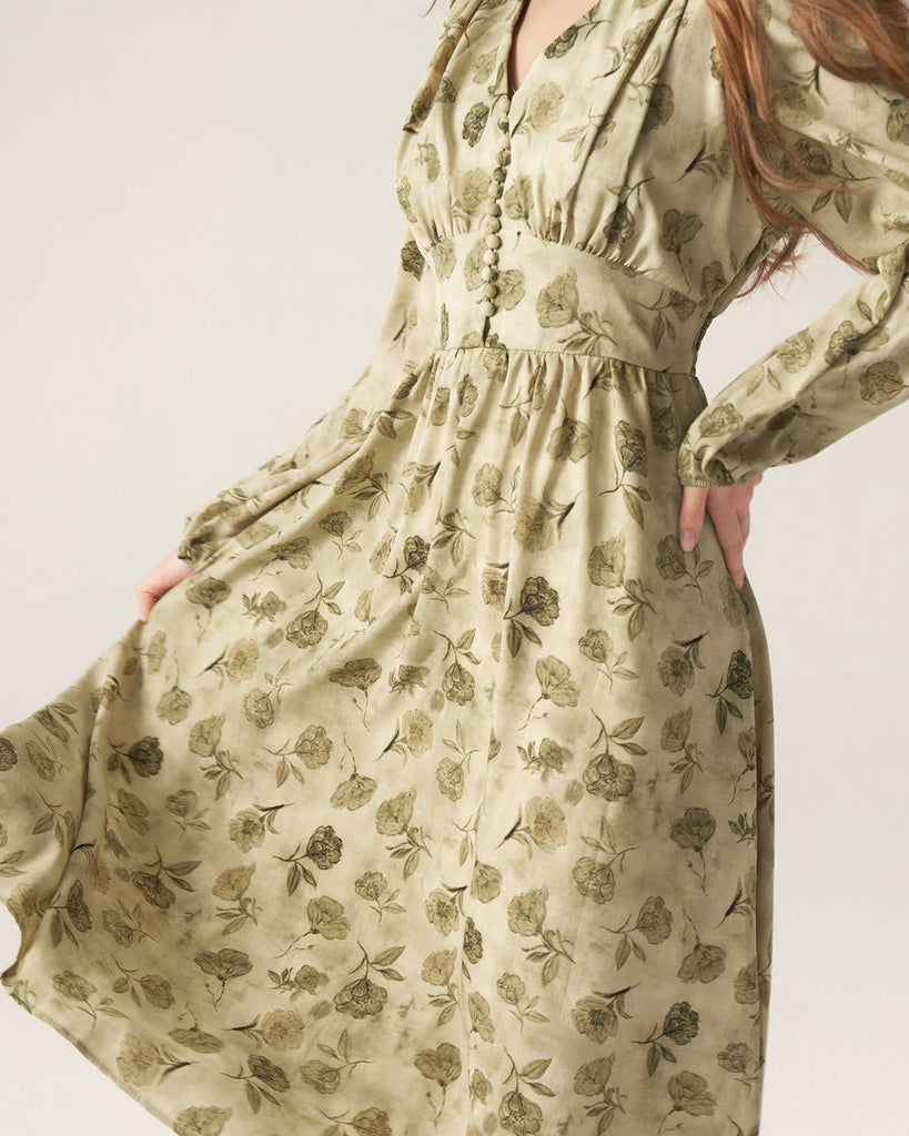 Green Floral Lantern Sleeve Midi Dress