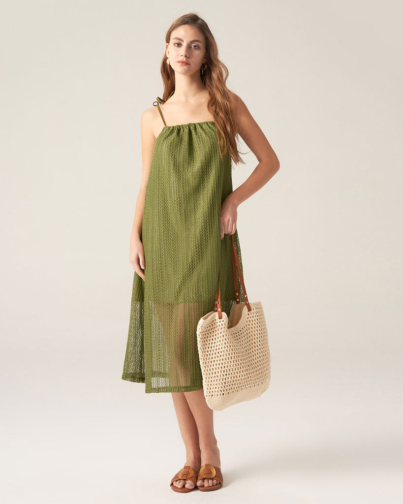 Green Crochet Tie Strap Midi Dress