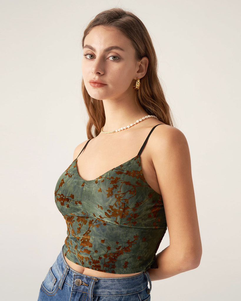 Green Floral V Neck Camis