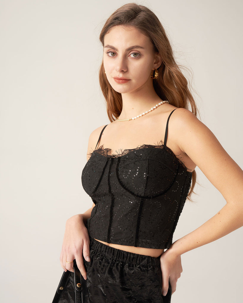 Black Lace Sequin Sweetheart Neck Camis