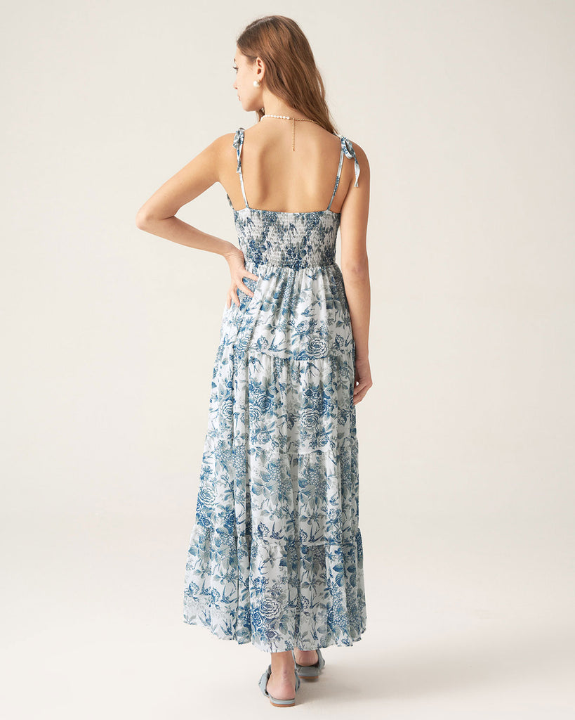 Blue Floral Tie Strap Midi Dress