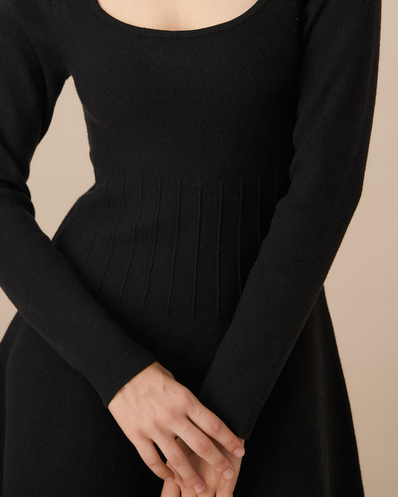 Black Square Neck Ribbed Sweater Dress