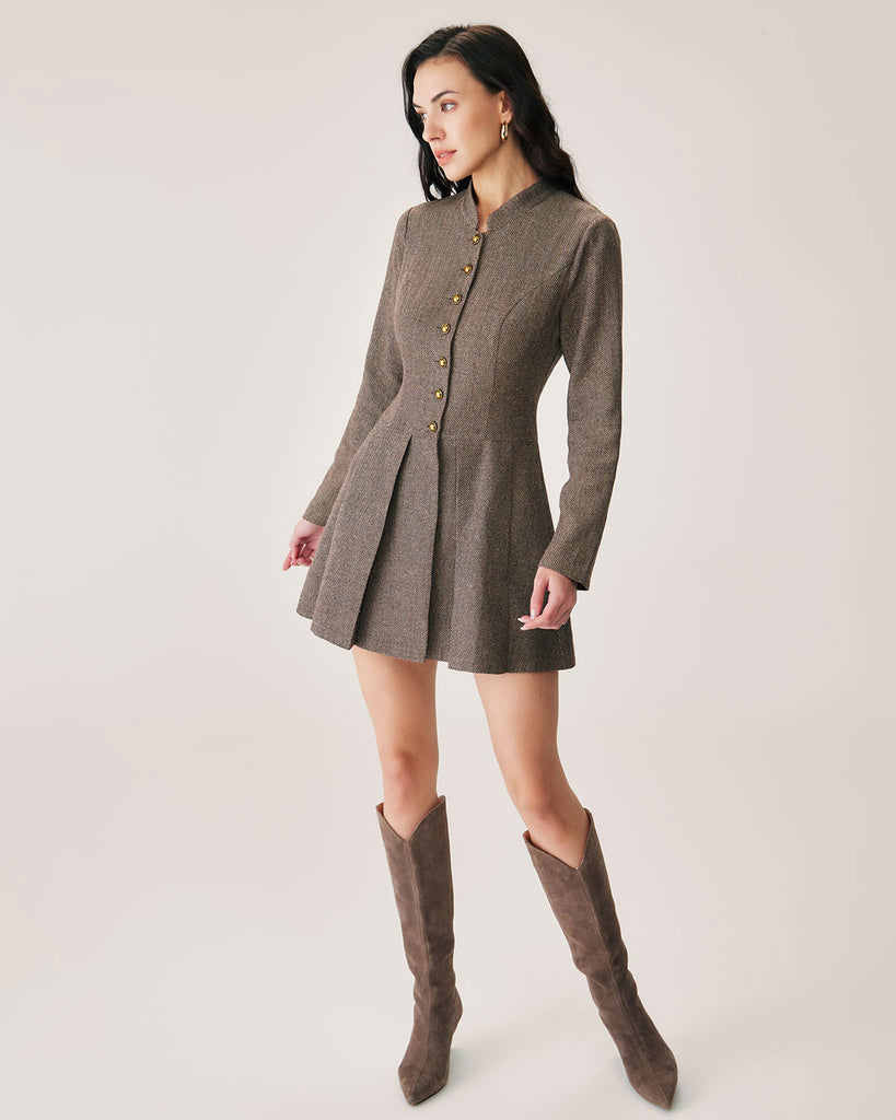 Brown Button Pleated Mini Dress