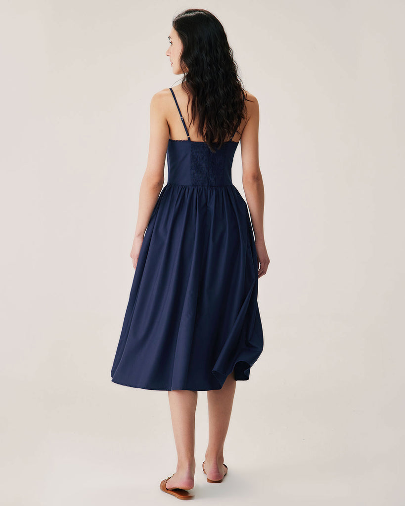 Navy Shirred Slip Midi Dress