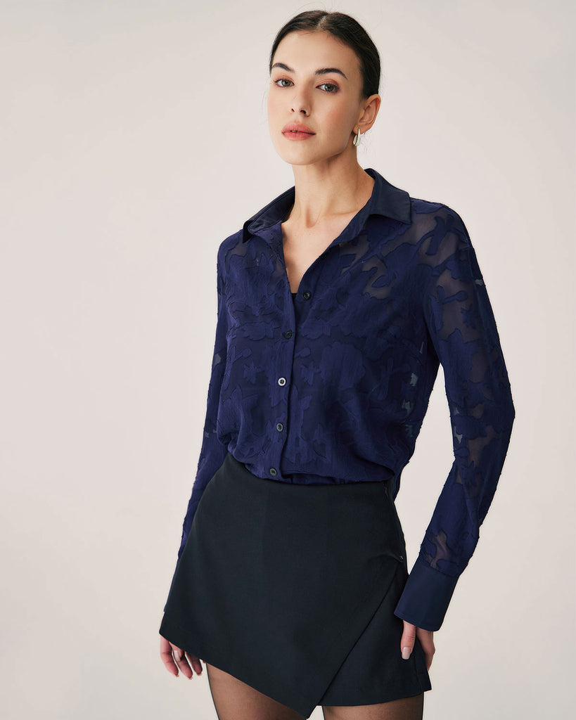 Navy Jacquard Long Sleeve Shirt