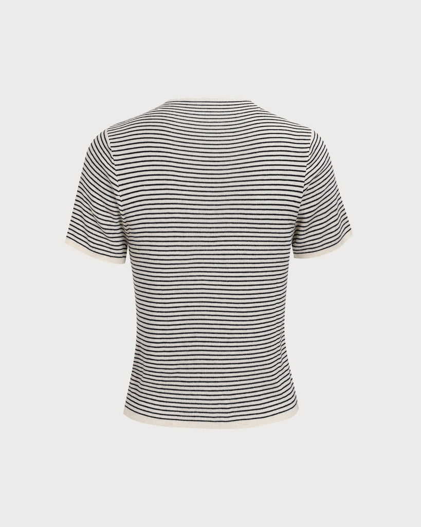 Women's Black Round Neck Striped Tee