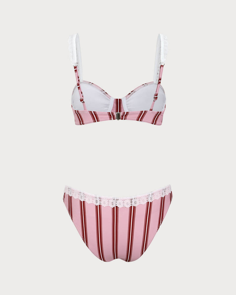 Pink Striped Underwired Lace Bikini Set