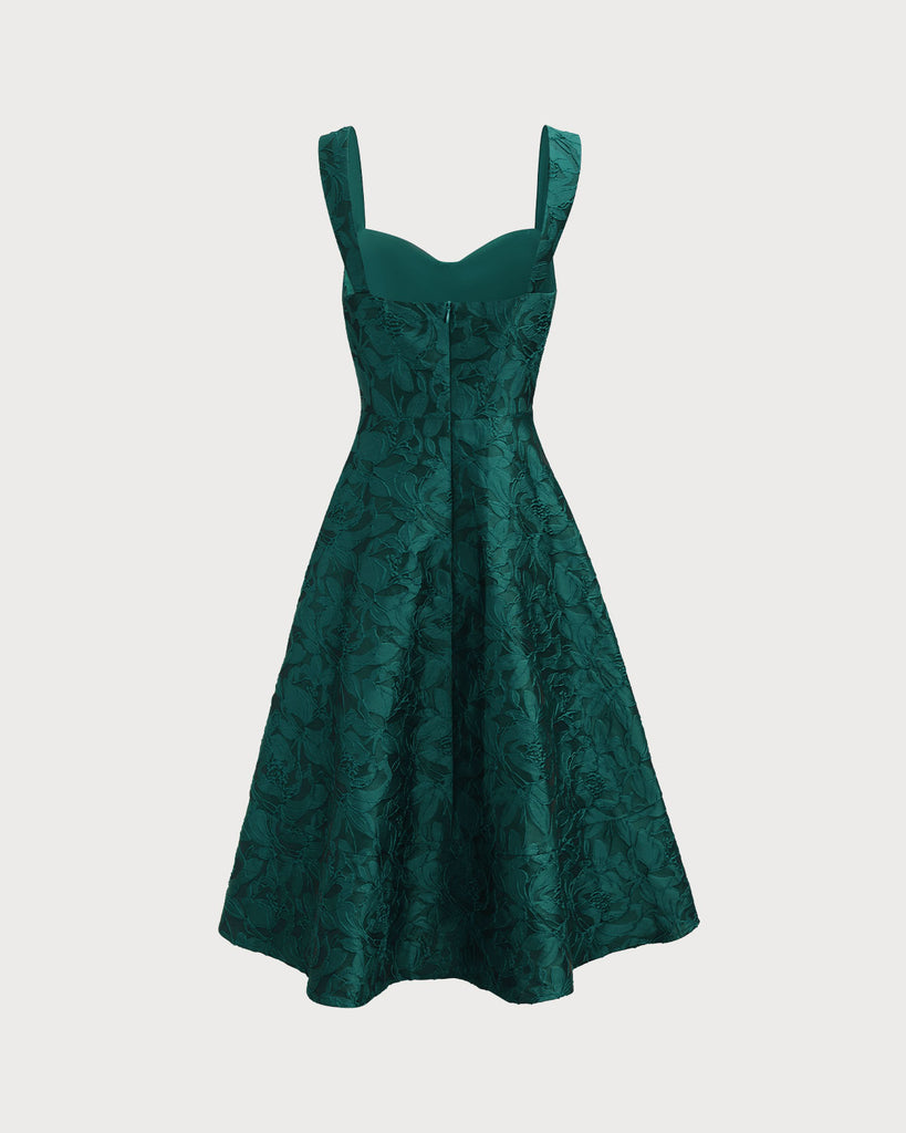 Green Sweetheart Neck Jacquard Midi Dress